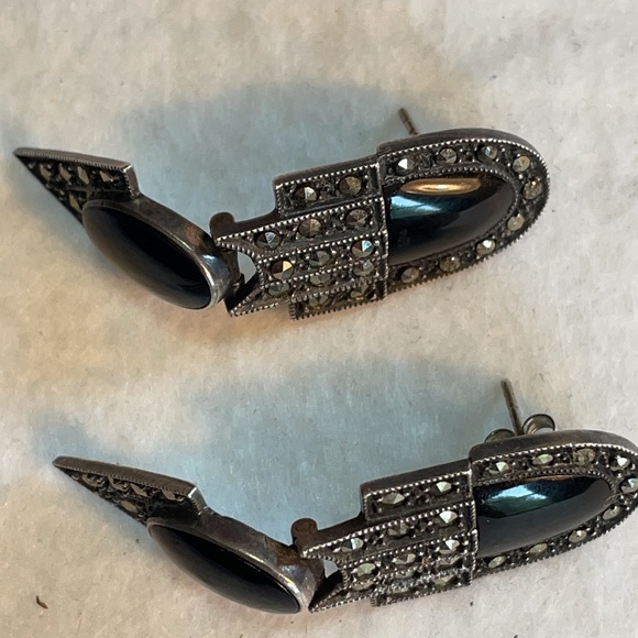 VTG Art Deco onyx and marcasite sterling articulated earrings pierced 2” - Picture 9 of 11